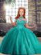 Fashionable High-neck Sleeveless Little Girl Pageant Dress Floor Length Beading Turquoise Tulle