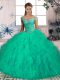 Fashionable Sleeveless Beading and Ruffles Lace Up Quince Ball Gowns with Turquoise Brush Train