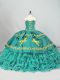 Turquoise Satin and Organza Lace Up Sweetheart Sleeveless Quinceanera Gowns Brush Train Embroidery and Ruffled Layers