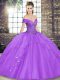 Nice Sleeveless Tulle Floor Length Lace Up 15 Quinceanera Dress in Lavender with Beading and Ruffles