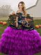 Unique Sleeveless Organza Floor Length Lace Up Quinceanera Gowns in Black And Purple with Embroidery and Ruffled Layers