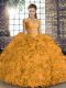 Sweet Orange Organza Lace Up Off The Shoulder Sleeveless Floor Length Ball Gown Prom Dress Beading and Ruffles