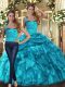 Custom Designed Halter Top Sleeveless Lace Up Sweet 16 Dress Teal Organza