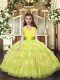 Yellow Green Halter Top Neckline Ruffled Layers Little Girl Pageant Gowns Sleeveless Lace Up