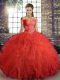 Sophisticated Orange Red Ball Gowns Tulle Off The Shoulder Sleeveless Beading and Ruffles Floor Length Lace Up Quinceanera Dress Sophisticated Orange Red Ball Gowns Tulle Off The Shoulder Sleeveless Beading and Ruffles Floor Length Lace Up Quinceanera Dress