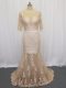Shining Champagne Half Sleeves Brush Train Lace and Appliques Evening Dress