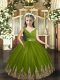 Olive Green Tulle Backless Evening Gowns Sleeveless Floor Length Embroidery