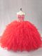 Delicate Sleeveless Tulle Floor Length Lace Up Quinceanera Dress in Red with Beading and Ruffles