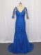 3 4 Length Sleeve Tulle Brush Train Zipper Prom Dresses in Blue with Lace and Appliques