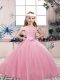 Super Lace and Bowknot Girls Pageant Dresses Pink Lace Up Sleeveless Floor Length