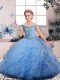 Blue Ball Gowns Off The Shoulder Sleeveless Tulle Floor Length Lace Up Beading and Ruffles Kids Formal Wear