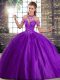 Purple Sleeveless Tulle Brush Train Lace Up Sweet 16 Dress for Military Ball and Sweet 16 and Quinceanera