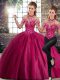 Fuchsia Halter Top Lace Up Beading 15th Birthday Dress Brush Train Sleeveless