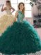 Hot Selling Scoop Sleeveless 15 Quinceanera Dress Floor Length Beading and Ruffles Peacock Green Organza