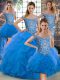 Nice Blue Vestidos de Quinceanera Tulle Brush Train Sleeveless Beading and Ruffles