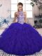 Modest Sleeveless Tulle Floor Length Lace Up Quinceanera Dresses in Purple with Beading and Ruffles