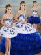 Luxurious Royal Blue Ball Gowns Sweetheart Sleeveless Organza Floor Length Lace Up Embroidery and Ruffled Layers and Bowknot 15 Quinceanera Dress