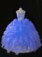 Customized Blue Organza Zipper Straps Sleeveless Floor Length 15 Quinceanera Dress Beading and Ruffles