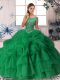 Green Sleeveless Organza Brush Train Zipper Quince Ball Gowns for Military Ball and Sweet 16 and Quinceanera