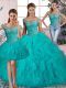 Tulle Off The Shoulder Sleeveless Brush Train Lace Up Beading and Ruffles Quinceanera Dresses in Aqua Blue
