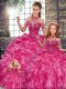 Organza Halter Top Sleeveless Lace Up Beading and Ruffles Quinceanera Gown in Fuchsia