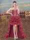 Fabulous Burgundy Ball Gowns Sweetheart Sleeveless Organza High Low Lace Up Embroidery and Ruffles Prom Dress