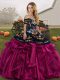 Elegant Organza Off The Shoulder Sleeveless Lace Up Embroidery and Ruffles 15th Birthday Dress in Fuchsia