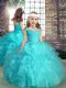 High Low Aqua Blue Pageant Gowns For Girls Organza Sleeveless Beading and Ruffles
