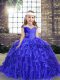 Beading and Ruffles Little Girls Pageant Dress Blue Lace Up Sleeveless Floor Length