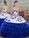 Royal Blue Sleeveless Floor Length Embroidery and Ruffled Layers Lace Up Quinceanera Dresses