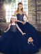 Flare Sleeveless Tulle Floor Length Lace Up Ball Gown Prom Dress in Navy Blue with Beading