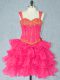 Hot Pink Ball Gowns Beading and Ruffled Layers Prom Evening Gown Lace Up Organza Sleeveless Mini Length