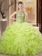 Yellow Green Organza Lace Up Scoop Sleeveless Floor Length Sweet 16 Quinceanera Dress Beading and Ruffles and Pick Ups
