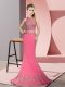 Free and Easy Rose Pink Evening Dress Prom and Party with Beading and Appliques High-neck Sleeveless Sweep Train Zipper