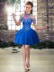 Royal Blue Ball Gowns Halter Top Sleeveless Tulle Mini Length Lace Up Beading Prom Gown
