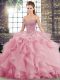 Sweetheart Sleeveless Quinceanera Dresses Brush Train Beading and Ruffles Pink Tulle