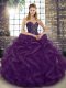 Dark Purple Lace Up Quinceanera Gown Beading and Ruffles Sleeveless Floor Length
