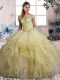 Yellow Lace Up Quinceanera Gowns Beading and Ruffles Sleeveless Floor Length