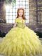 Organza Straps Sleeveless Lace Up Beading and Ruffles Kids Formal Wear in Yellow