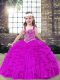 Fuchsia Tulle Lace Up Winning Pageant Gowns Sleeveless Floor Length Beading and Ruffles