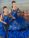 Royal Blue Satin and Organza Lace Up Off The Shoulder Sleeveless Floor Length Sweet 16 Quinceanera Dress Embroidery and Ruffled Layers