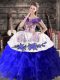 Off The Shoulder Sleeveless Ball Gown Prom Dress Floor Length Embroidery and Ruffles Royal Blue Organza
