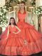 Customized Floor Length Orange Red Quinceanera Dress Organza Sleeveless Ruffled Layers