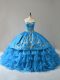 Blue Sleeveless Embroidery and Ruffles Lace Up Quinceanera Gown