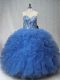Latest Blue Ball Gowns Beading and Ruffles Vestidos de Quinceanera Lace Up Tulle Sleeveless Floor Length