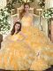 Sleeveless Organza Floor Length Lace Up Quinceanera Dress in Gold with Beading and Ruffles