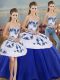 Sleeveless Floor Length Embroidery and Bowknot Lace Up Sweet 16 Dress with Royal Blue