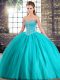 Comfortable Sleeveless Beading Lace Up Sweet 16 Quinceanera Dress with Aqua Blue Brush Train
