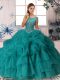 Teal Zipper Scoop Beading and Pick Ups Sweet 16 Dresses Organza Sleeveless Brush Train