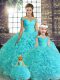 Floor Length Aqua Blue Quinceanera Gowns Off The Shoulder Sleeveless Lace Up